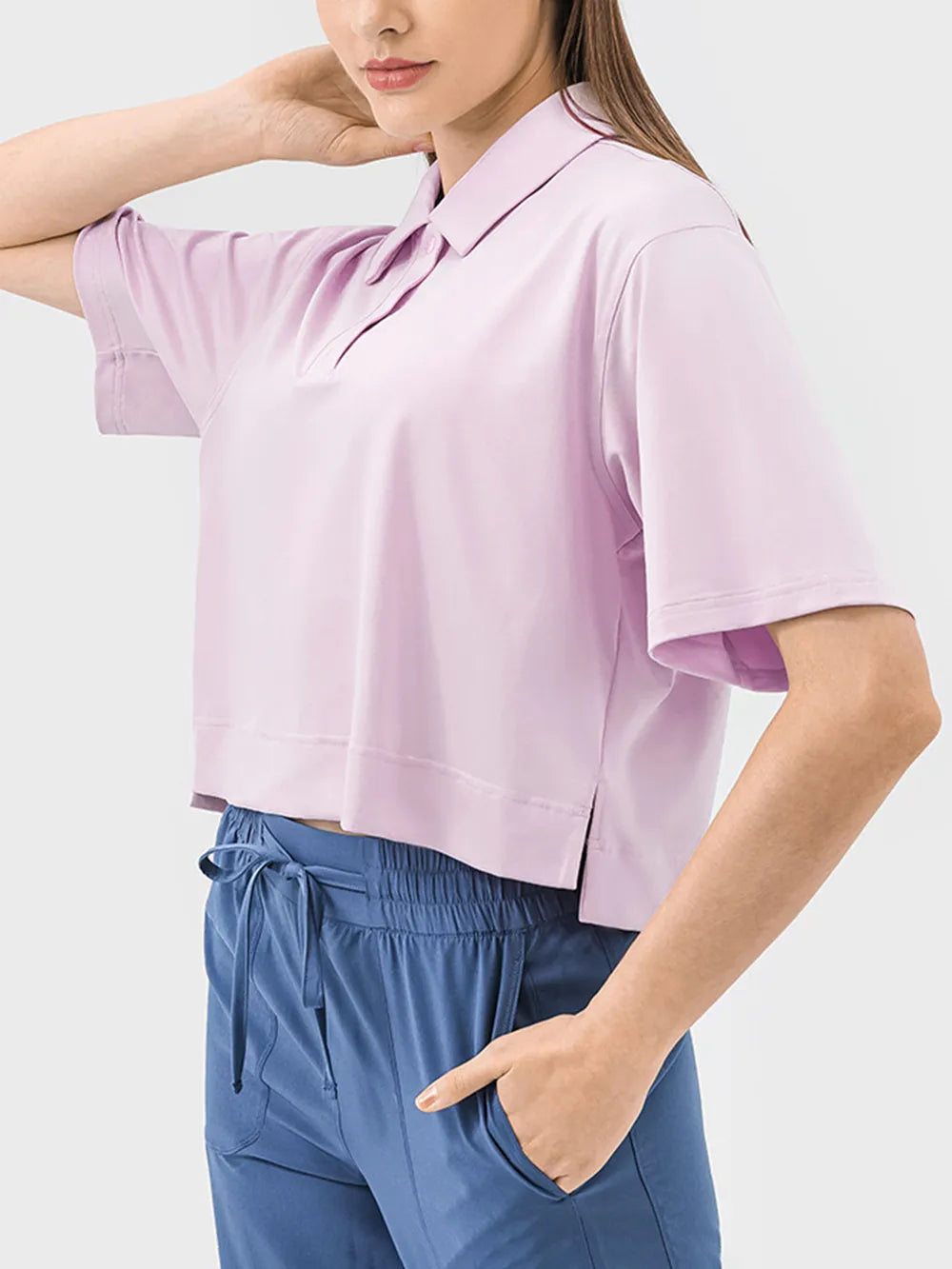 Half Button Short Sleeve Active T-Shirt in Beige for Women