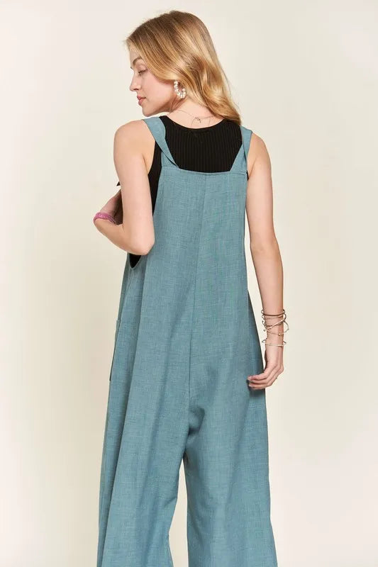 Knotted Wide Strap Wide Leg Overalls in Air Force Blue for Women