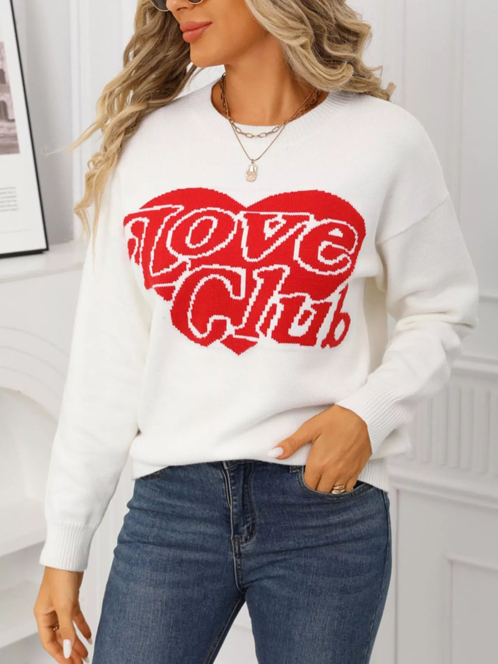 Valentines Day Love Club Heart Graphic Sweater in White for Women