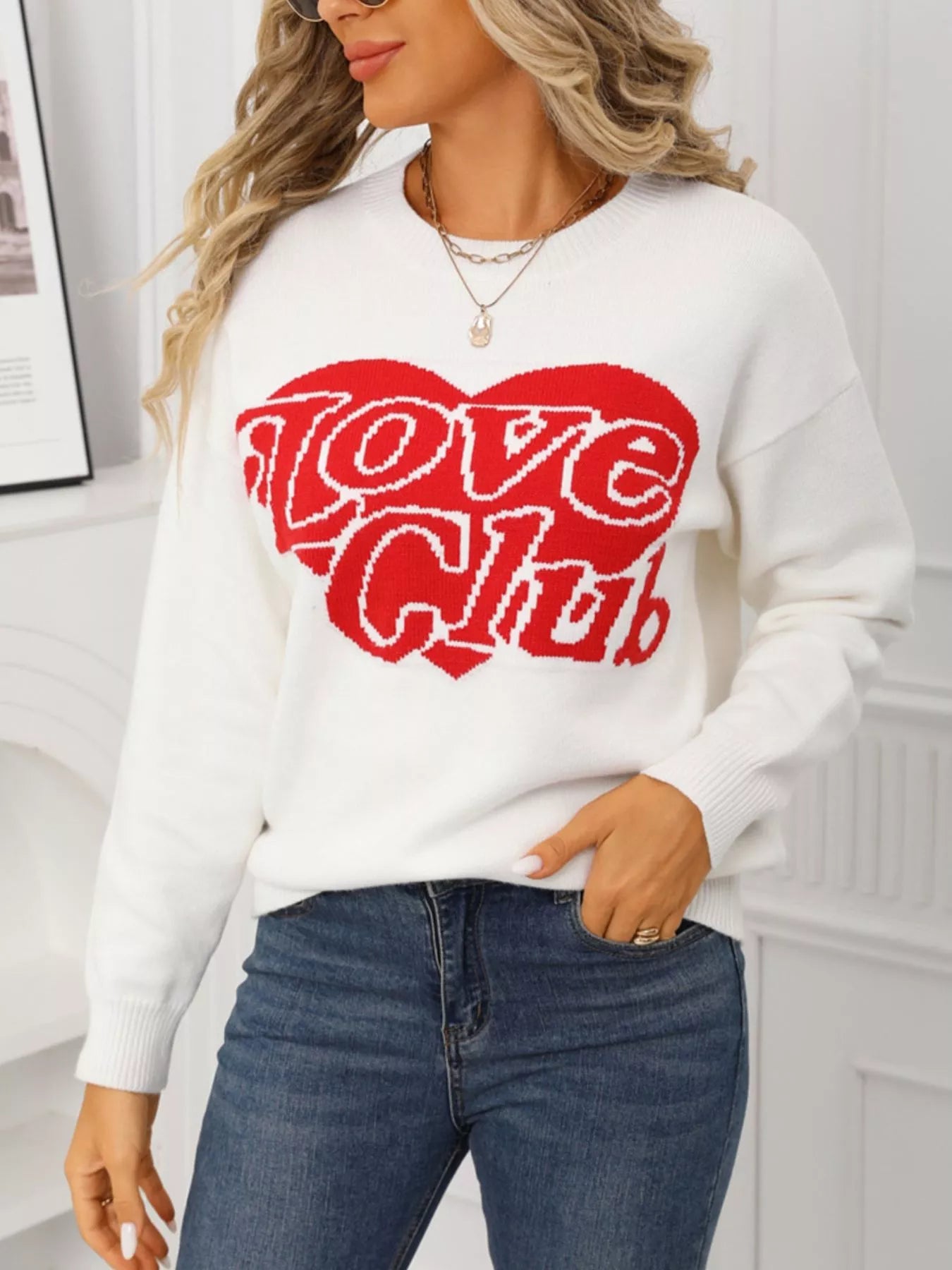 Valentines Day Love Club Heart Graphic Sweater in White for Women