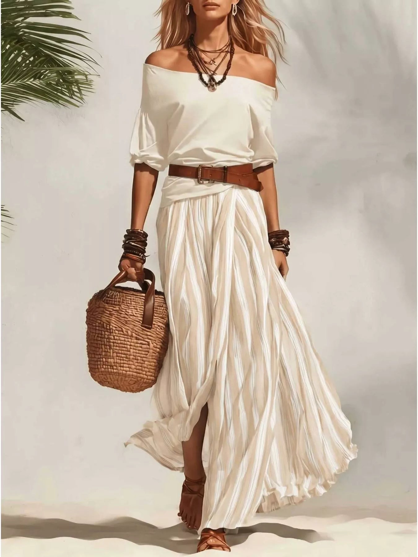 Off Shoulder Top and Striped Maxi Skirt Set in Black for Women