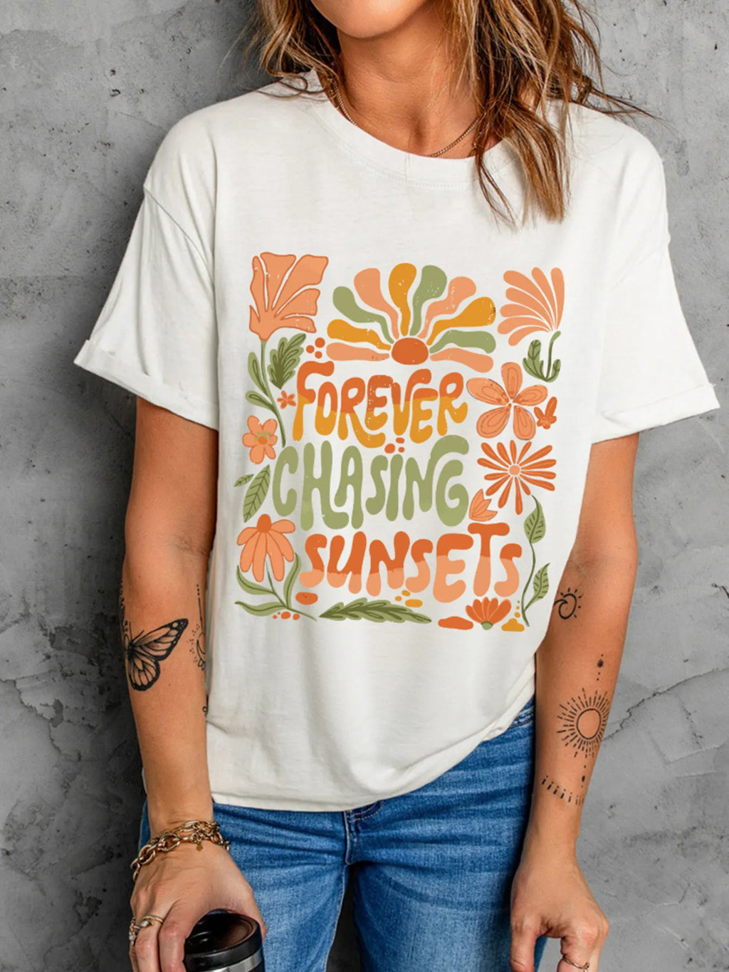 Forever Chasing Sunsets Round Neck T-Shirt in White for Women