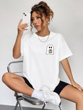 Round Neck Short Sleeve Ghost Graphic T-Shirt in White for Women