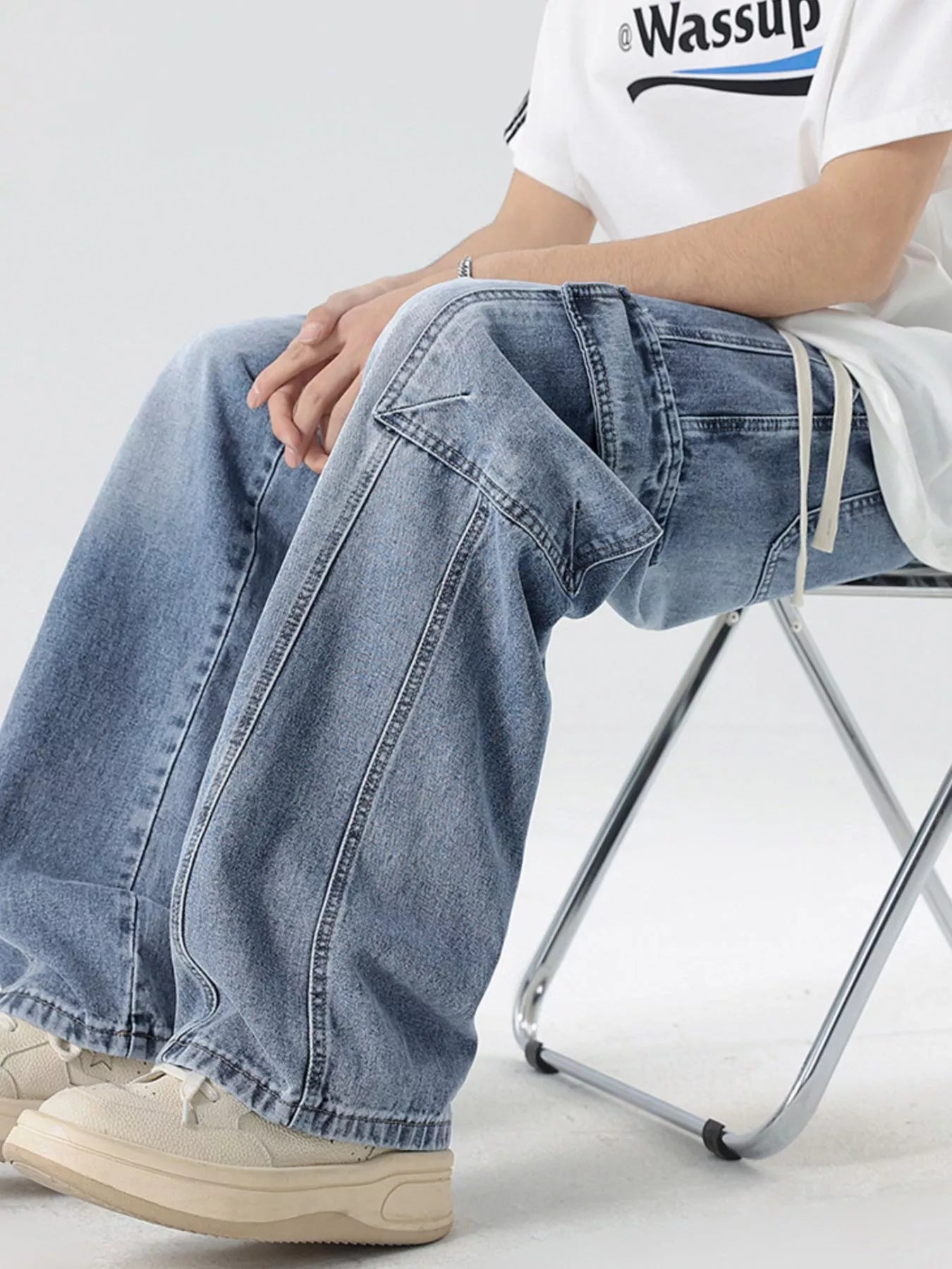 Plus Size Wash Wide Leg Cargo Jeans in Gray for Men