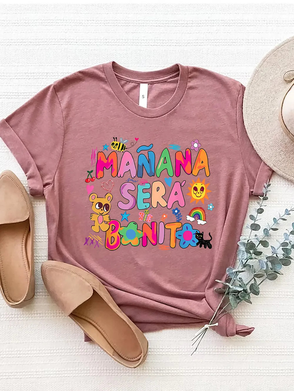 Letter Graphic Round Neck Short Sleeve T-Shirt in Aqua in Blush Pink for Women