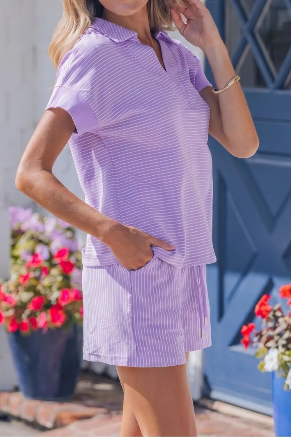 Stripe Dolman Sleeve Polo Shirt and Drawstring Shorts Set in Lilac for Women