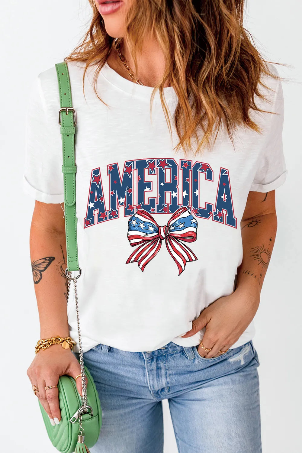 America Round Neck Short Sleeve T-Shirt in White for Women