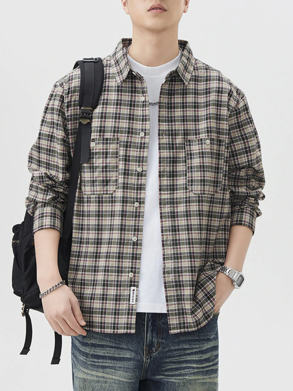 Plus Size Plaid Button Up Long Sleeve Shirt in Blue Grid for Men