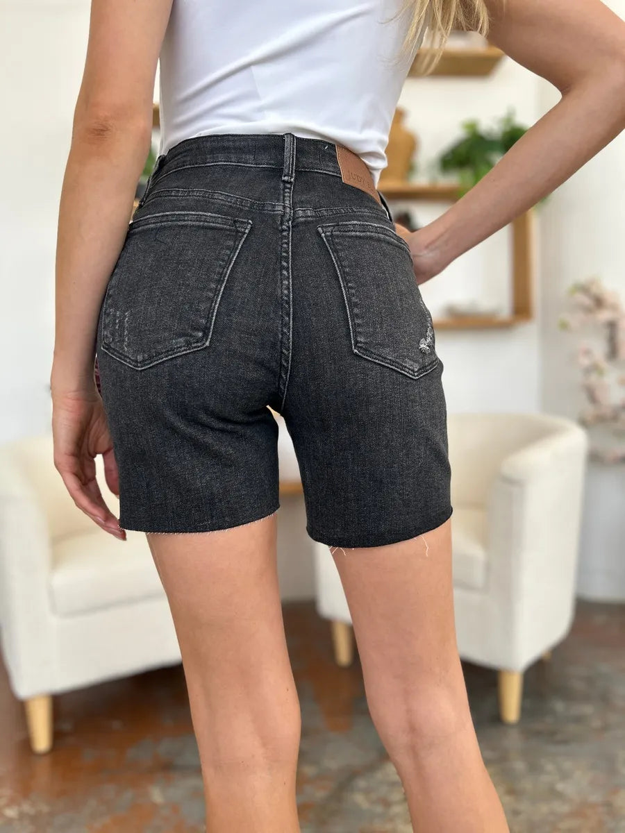 Plus Size High Waist Rigid Magic Denim Shorts in Black for Women
