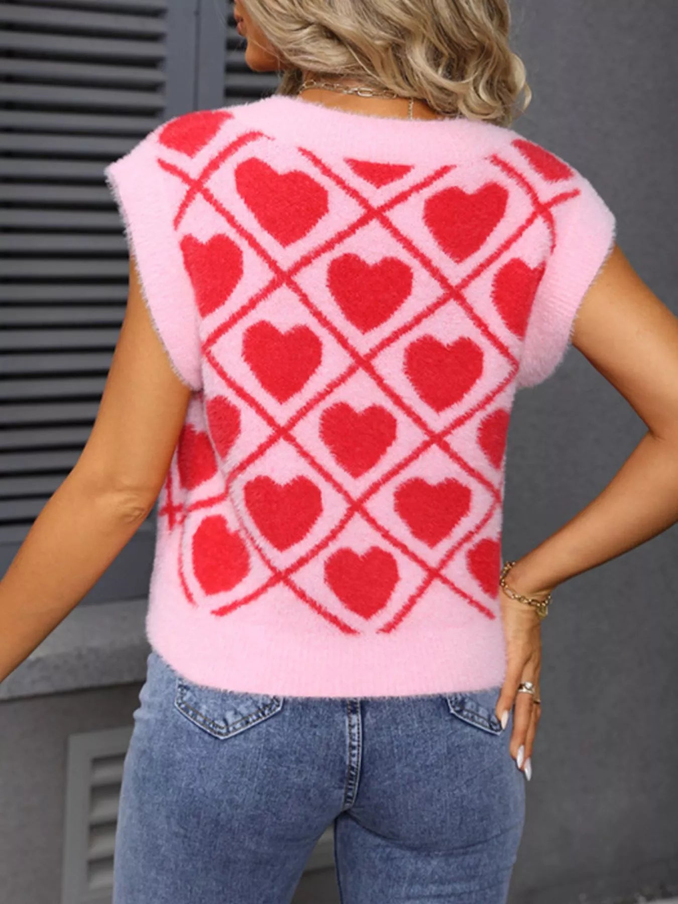 Valentines Day Fluffy Heart Pattern V-Neck Sweater Vest for Women
