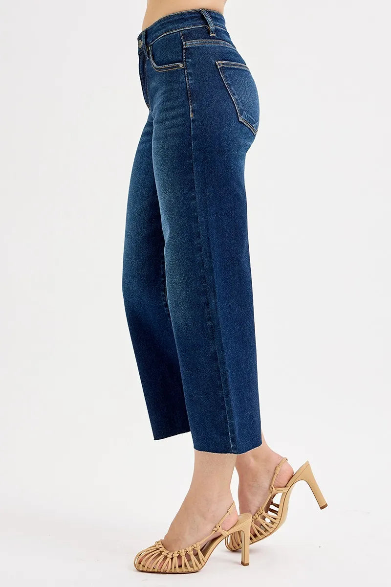 Tummy Control High Rise Crop Wide Jeans Plus Size in Dark for Women