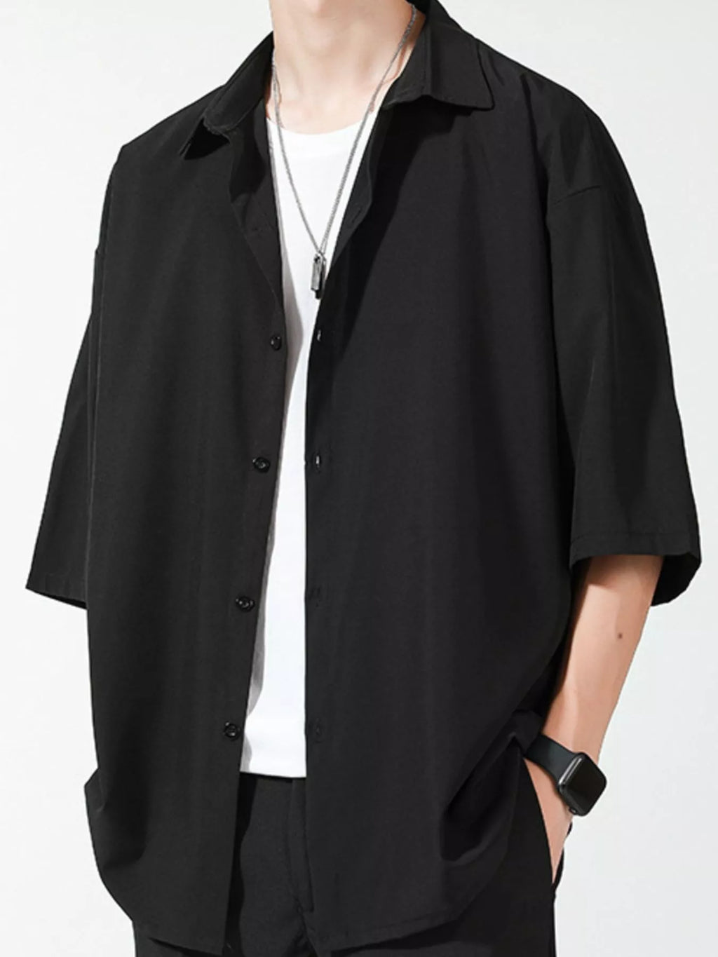Button Up Short Sleeve Shirt Plus Size in Black for Men