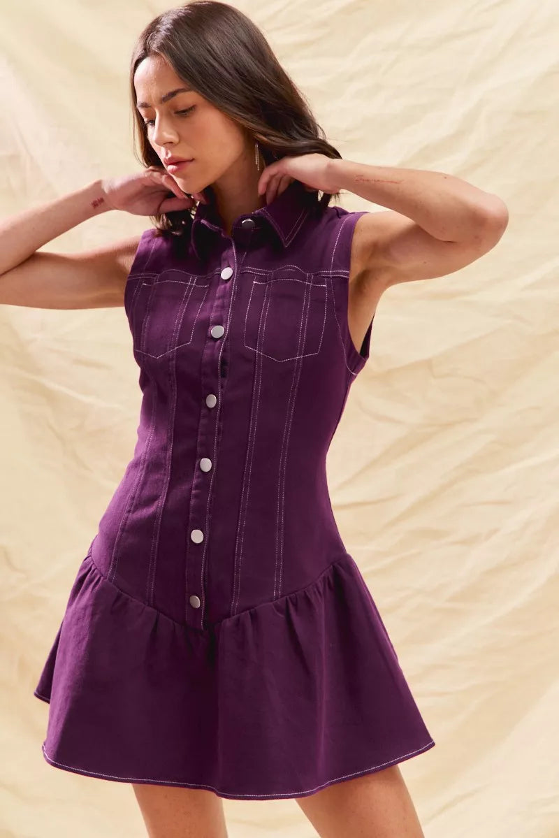 Button Down Sleeveless Collared Game Day Mini Dress in Purple for Women