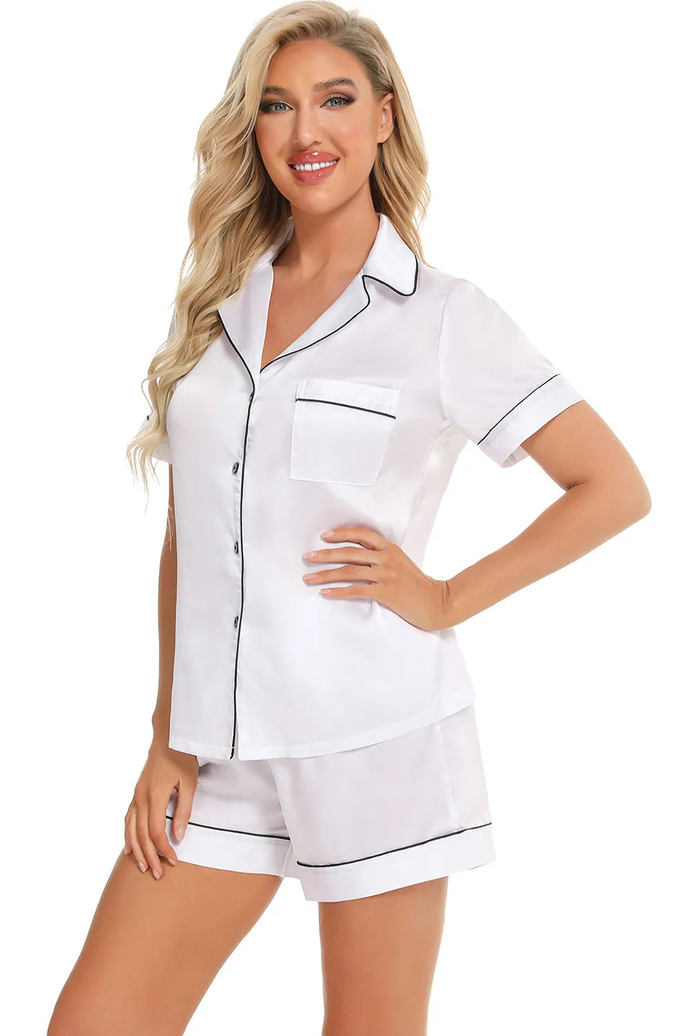 Printed Button Up Short Sleeve Top and Shorts Lounge Set in Royal Blue for Women