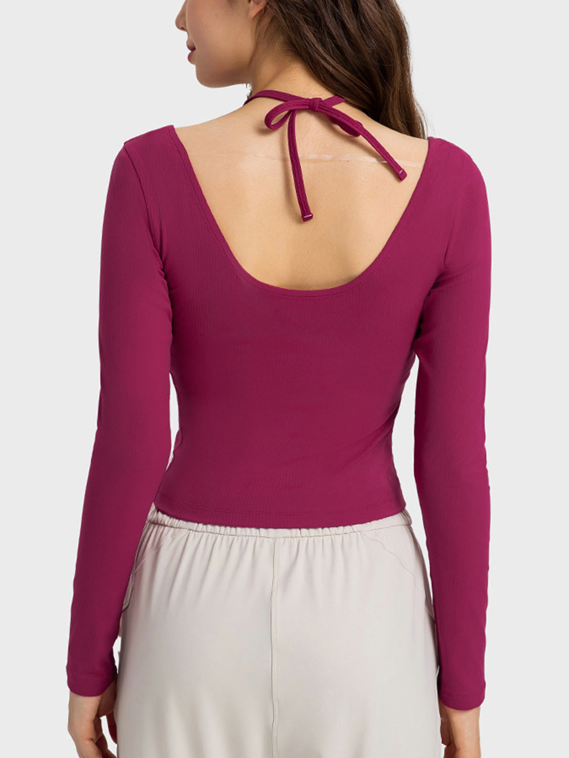 Halter Neck Long Sleeve Sporty Top in Hot Pink for Women