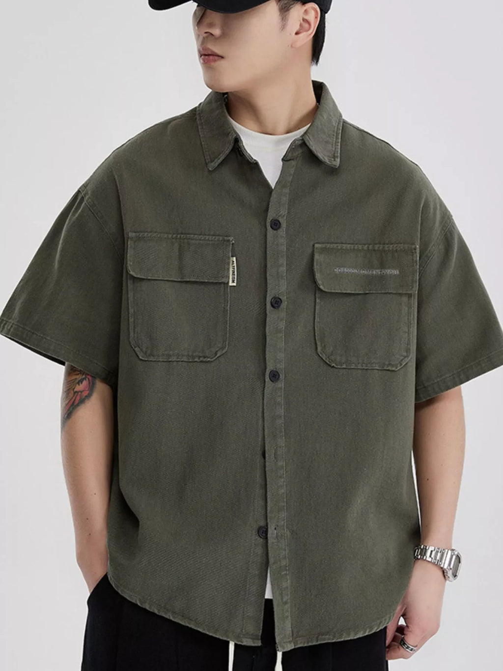 Button Down Oversized Short Sleeve Shirt Plus Size in Army Gray for Men