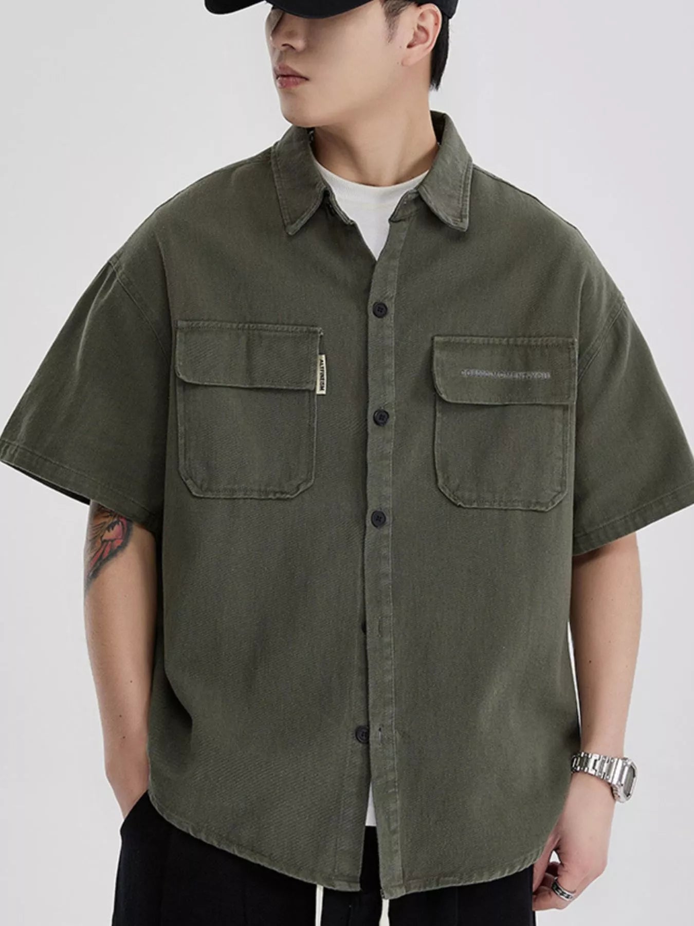 Button Down Oversized Short Sleeve Shirt Plus Size in Army Gray for Men