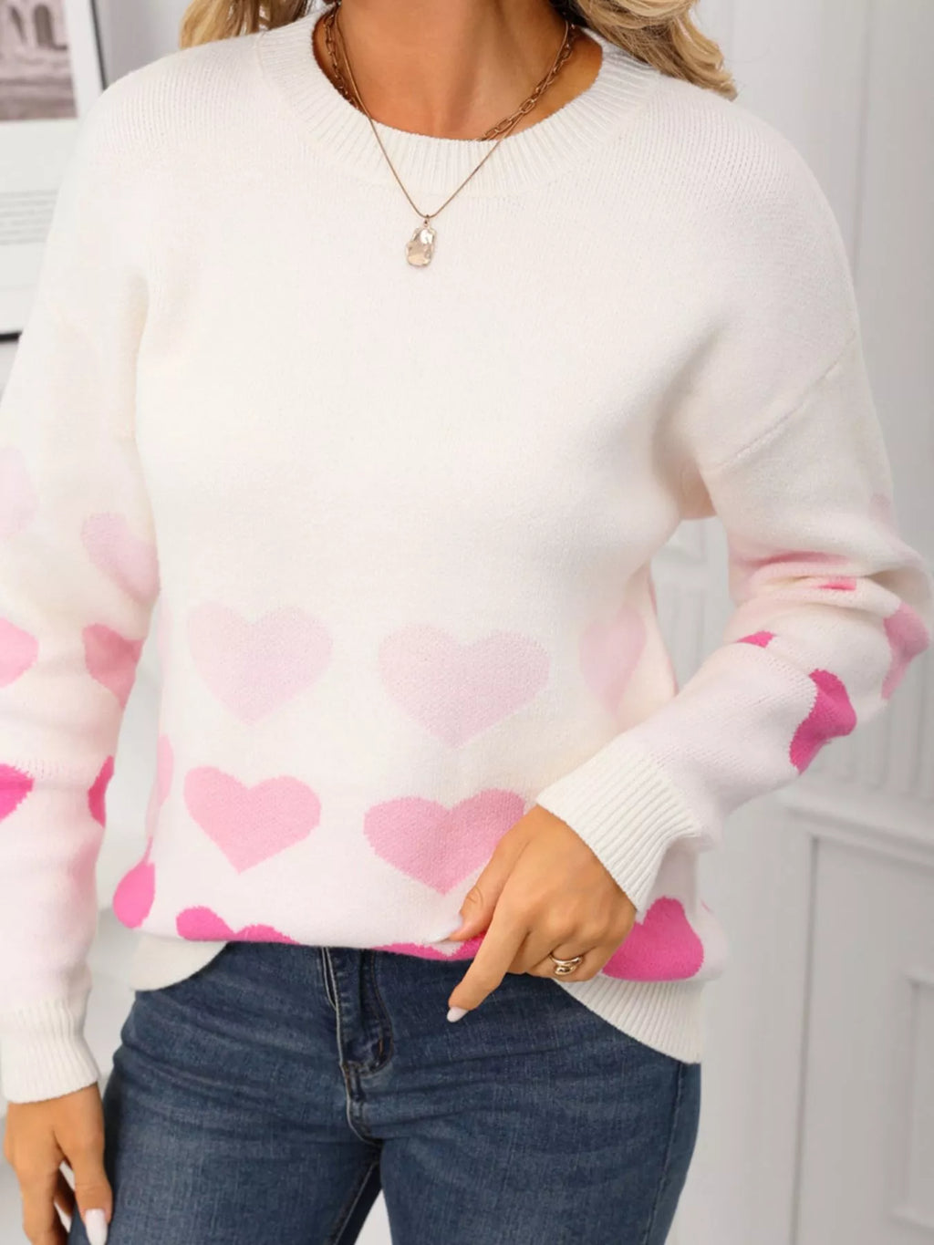 Valentines Day Heart Pattern Crew Neck Sweater in Rose Red for Women