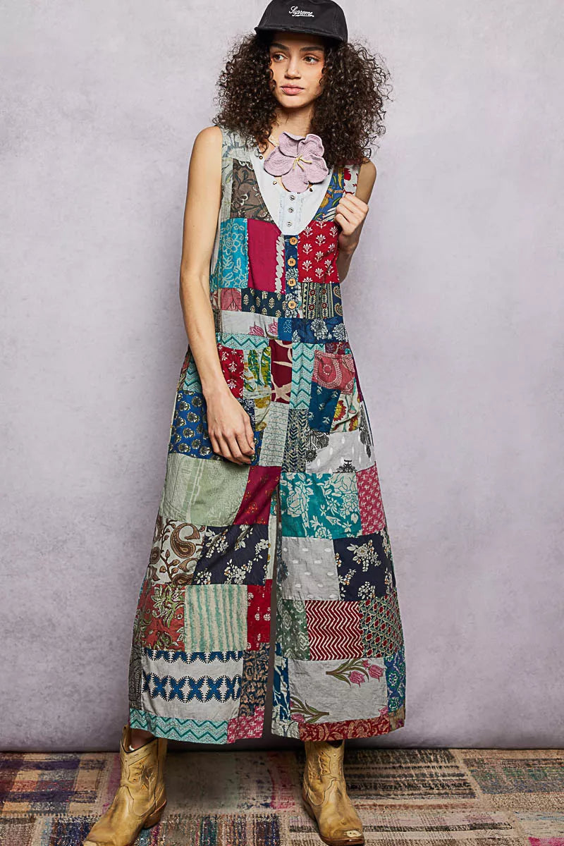 Sleeveless Patchwork Wide Leg Jumpsuit in Sage Multi for Women