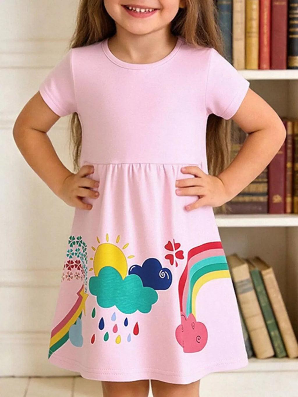 Rainbow Print Short Sleeve Casual Dress in Blush Pink for Girls