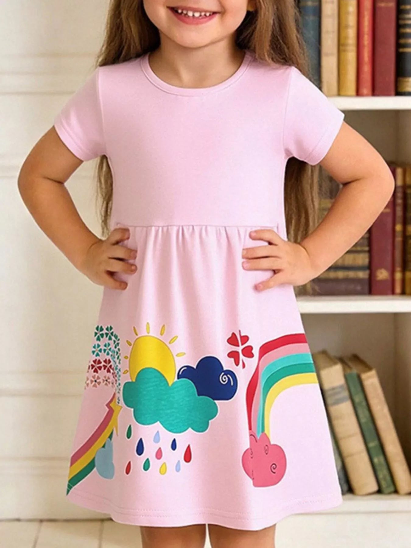 Rainbow Print Short Sleeve Casual Dress in Blush Pink for Girls