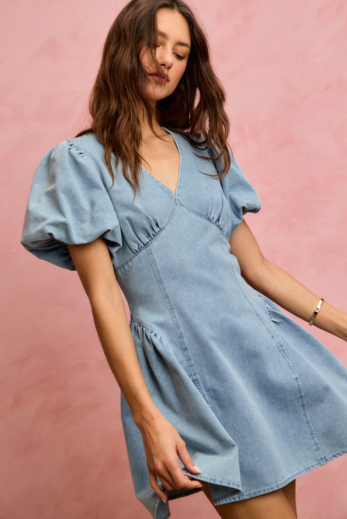 Bubble Sleeves Denim Fit and Flare Mini Dress in Light Denim for Women