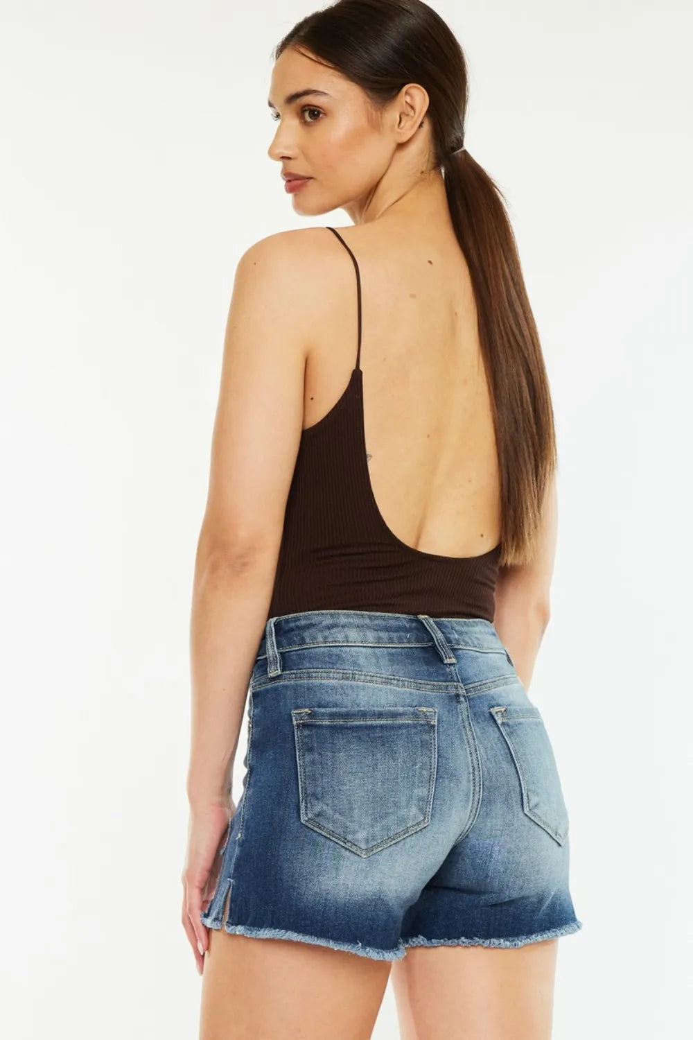High Waist Raw Hem Denim Shorts in Dark for Women