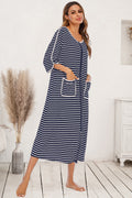 Round Neck Three-Quarter Sleeve Midi Night Dress in Navy for Women