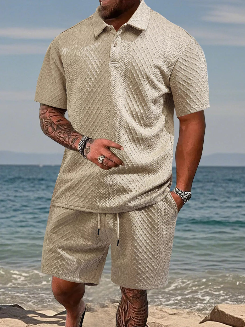 Textured Knit Polo Shirt & Shorts Set Plus Size in Navy Blue for Men