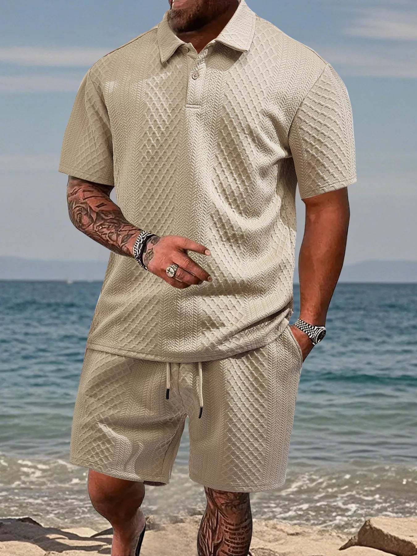 Textured Knit Polo Shirt & Shorts Set Plus Size in Navy Blue for Men