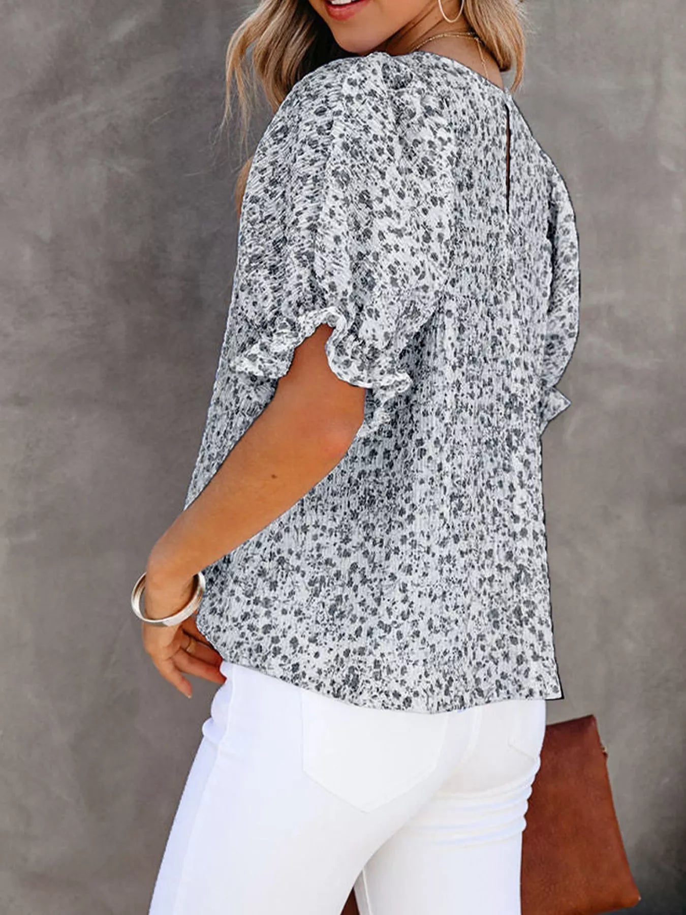 Floral Print Ruffle Sleeve Blouse Plus Size in Black for Women