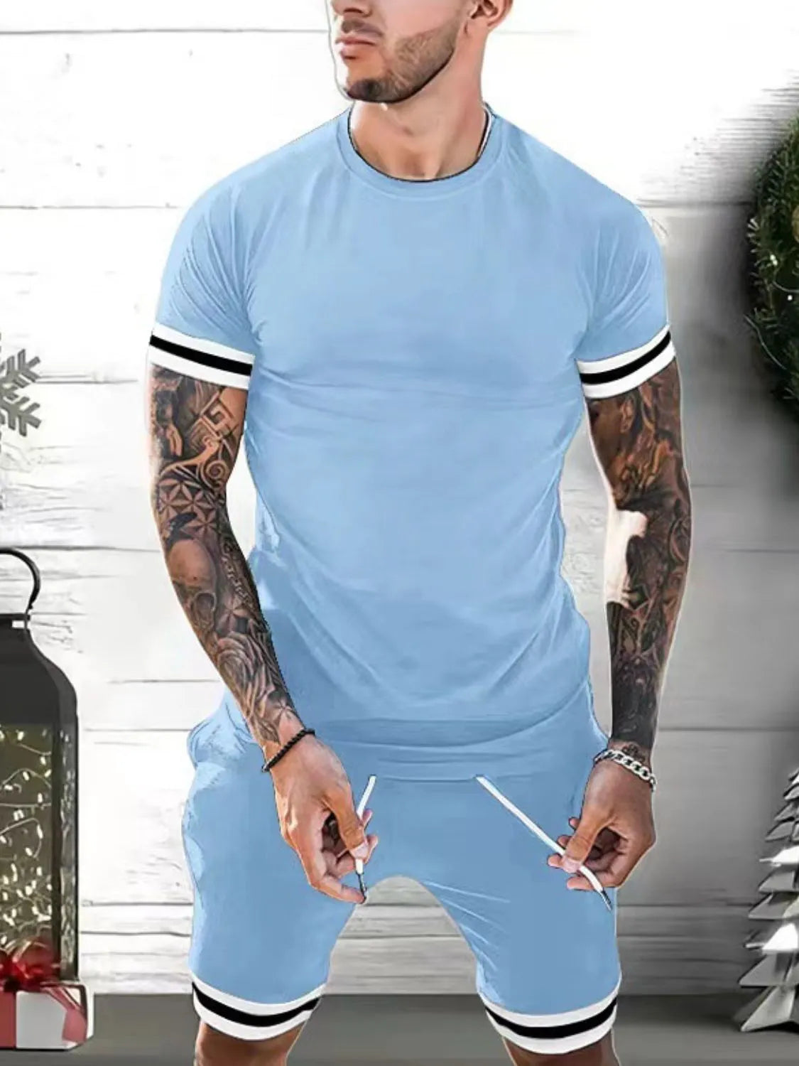 Plus Size Round Neck Short Sleeve Top and Shorts Set in Classic in Black for Men