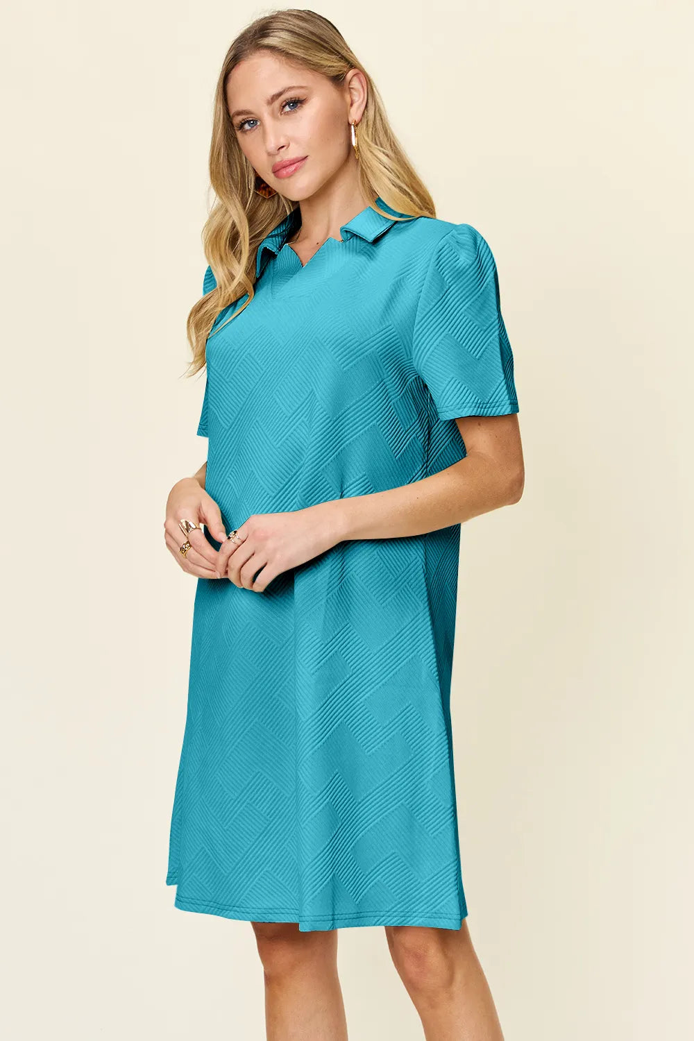 Plus Size Texture Collared Neck Short Sleeve Dress in Cream for Women