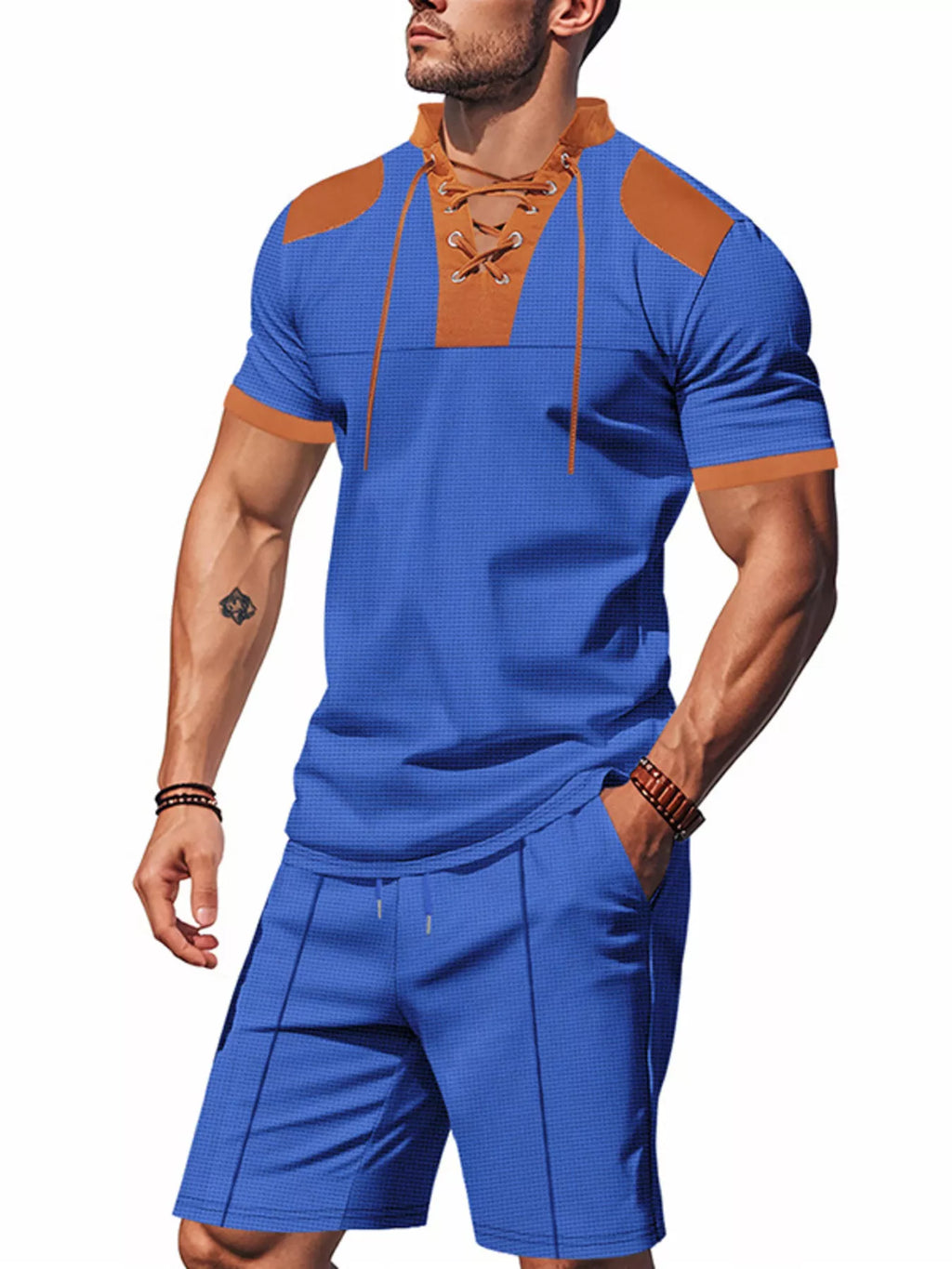 Lace-Up Collar Casual Top and Shorts Set Plus Size in White for Men