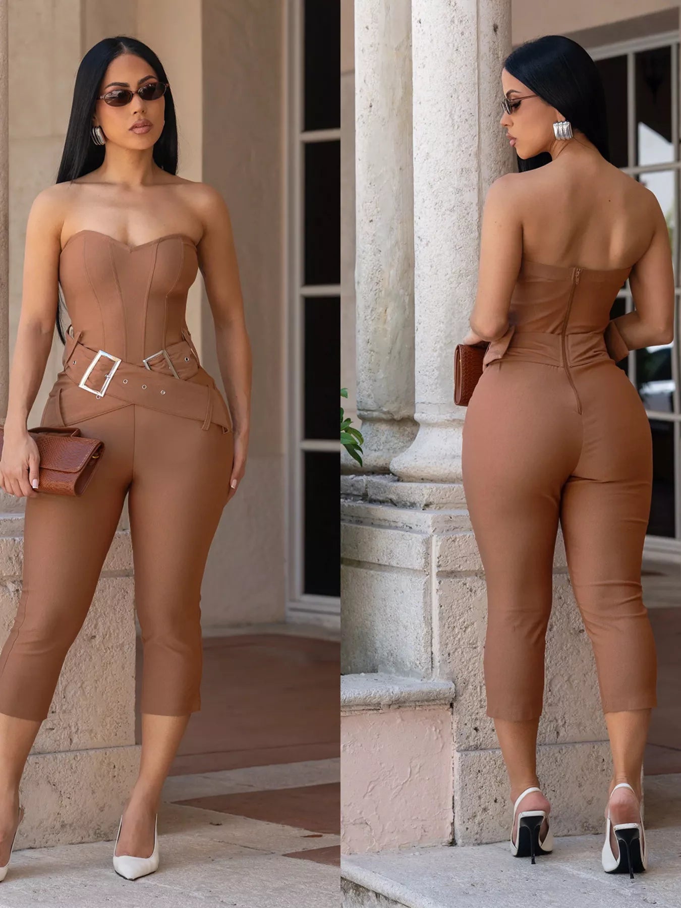 Belted Tube Skinny Jumpsuit in Taupe for Women