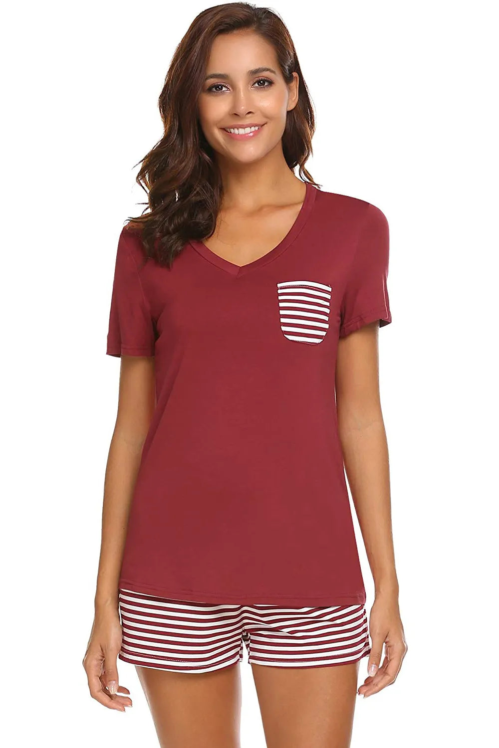 Striped Short Sleeve Top and Shorts Lounge Set in Deep Teal for Women