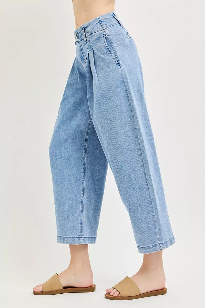 Slouchy Crop Barrel Pleated Jeans in Medium for Women