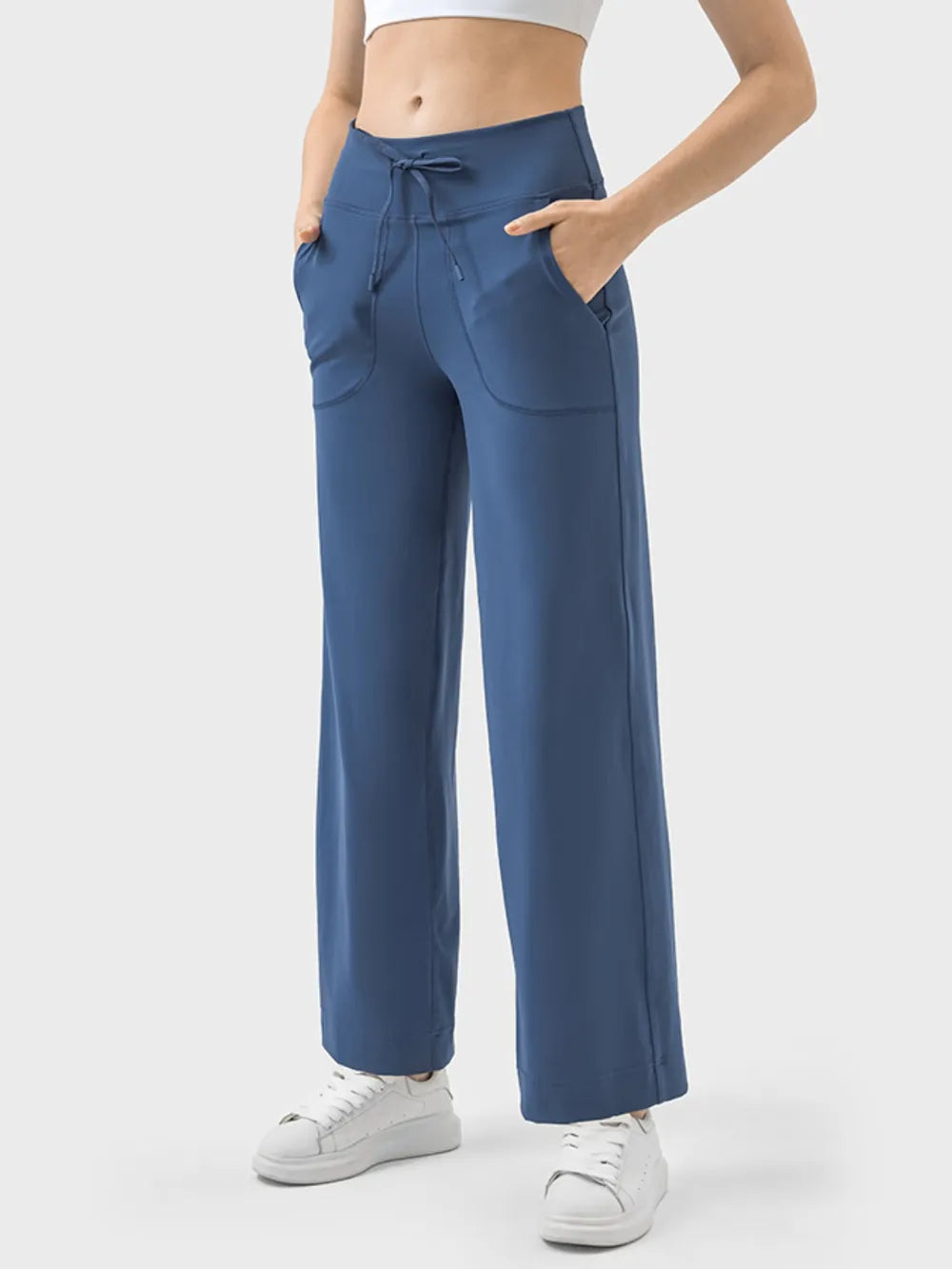 Drawstring Active Pants with Pockets in Dusty Blue for Women