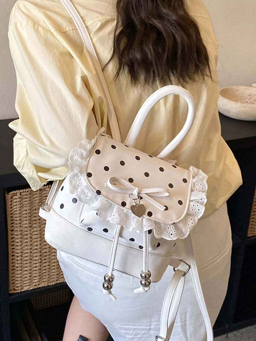Polka Dot Lace Trim Backpack Bag in Black for Women