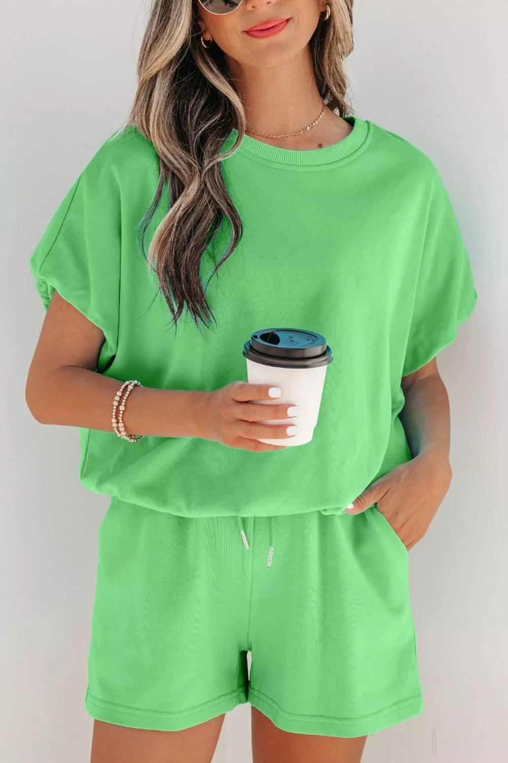 Solid Color Puffy Loose Top Drawstring Shorts Two-Piece Outfit in Green for Women