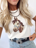 Wild West Horse Head Printed Short Sleeve Sweater in White for Women