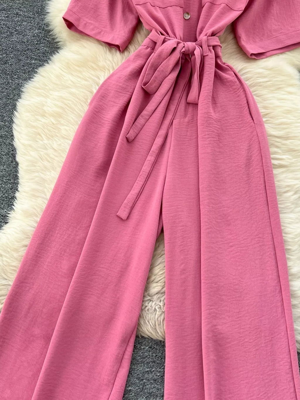 Pink Tie Waist Wide Leg Jumpsuit for Women