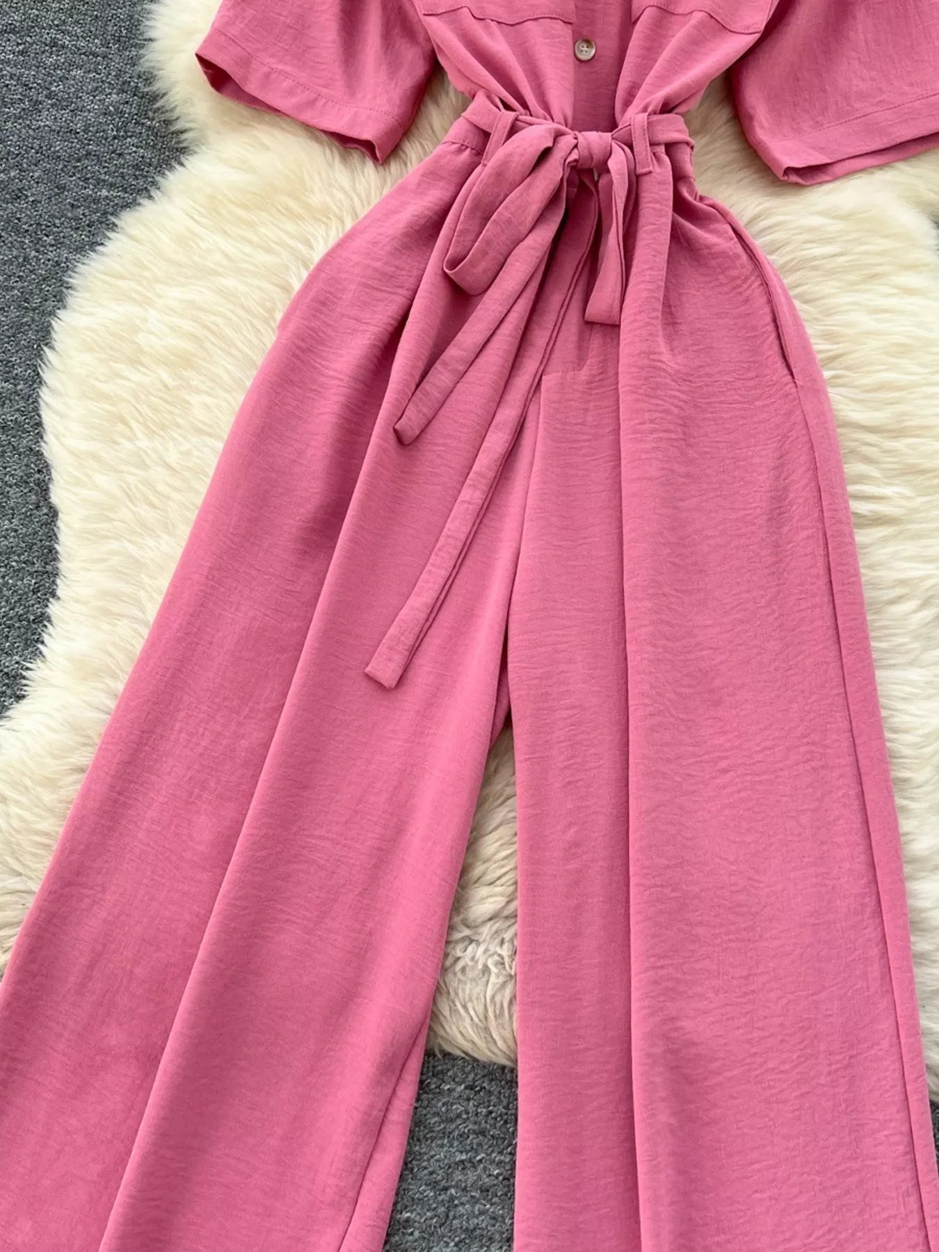 Pink Tie Waist Wide Leg Jumpsuit for Women