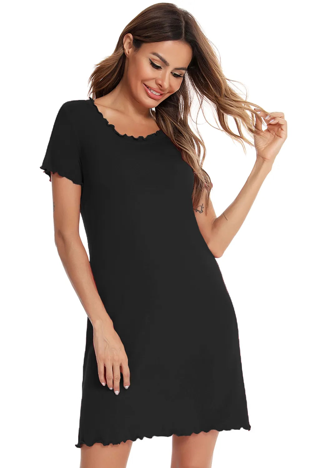 Round Neck Short Sleeve Lounge Dress in Dark Blue for Women
