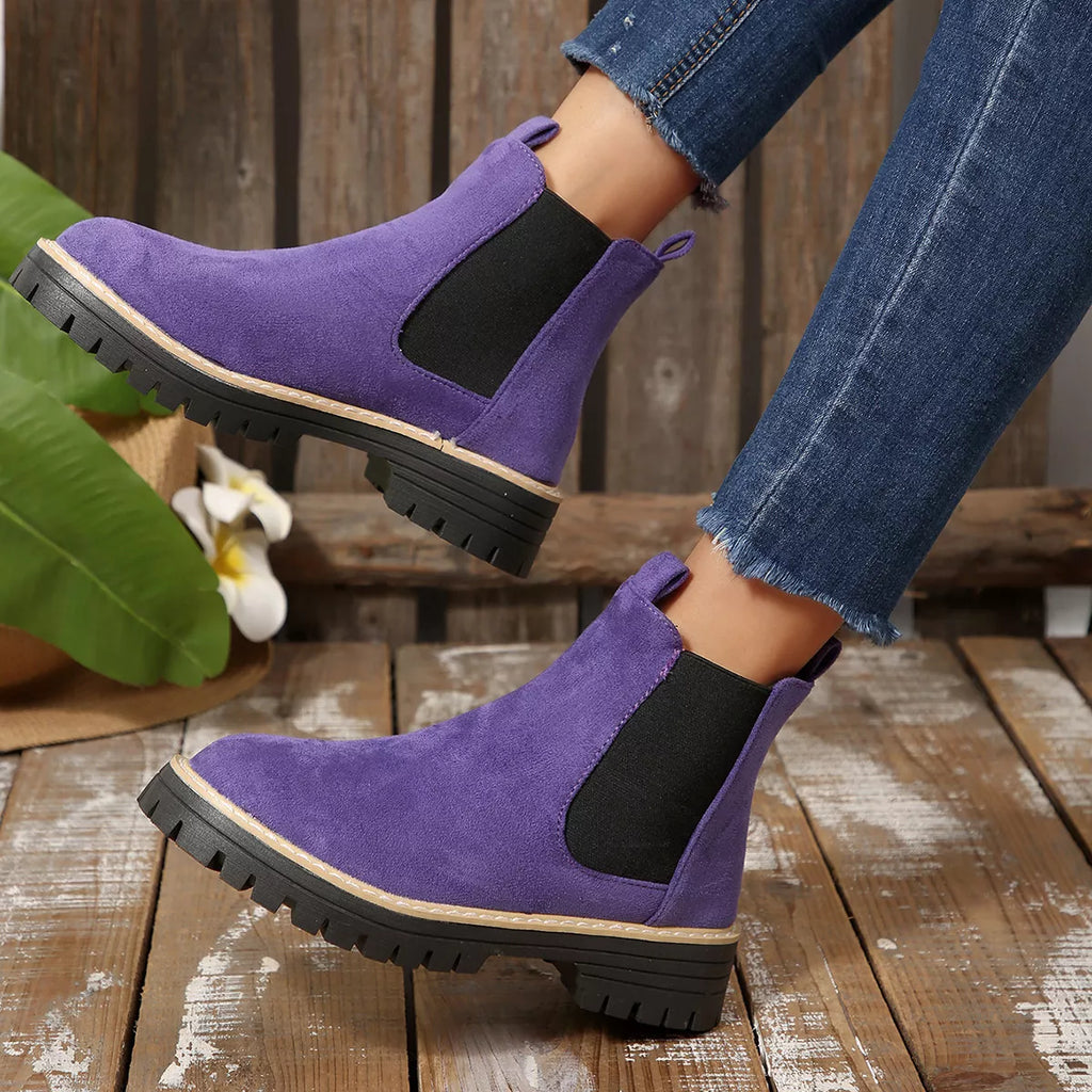 Round Toe Block Heels Boots in Brown in Gray for Women