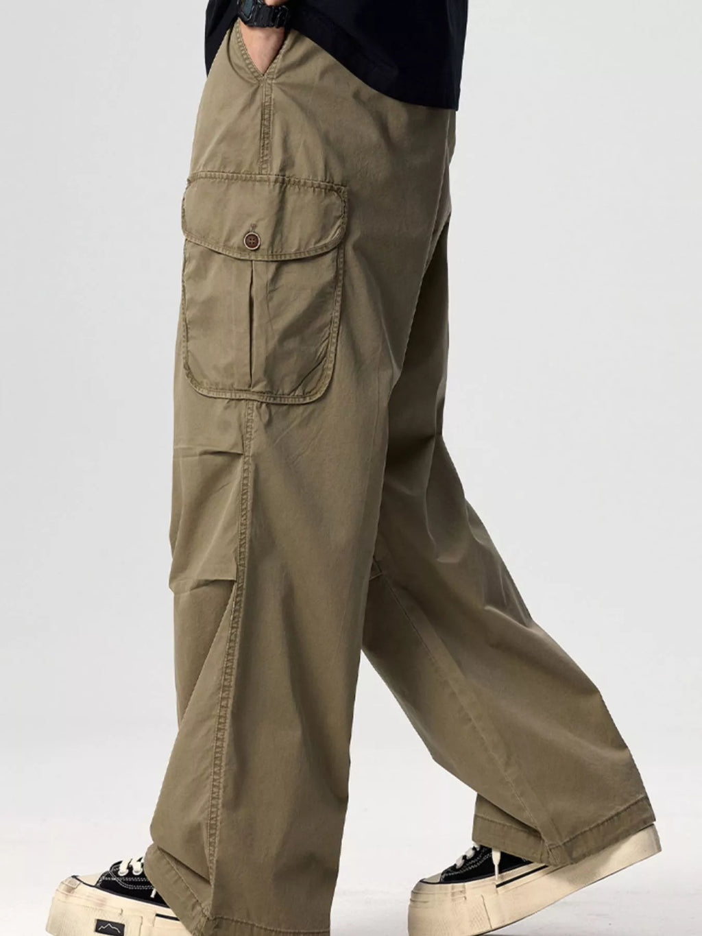 Plus Size Drawstring Wide Leg Cargo Pants in Black for Men