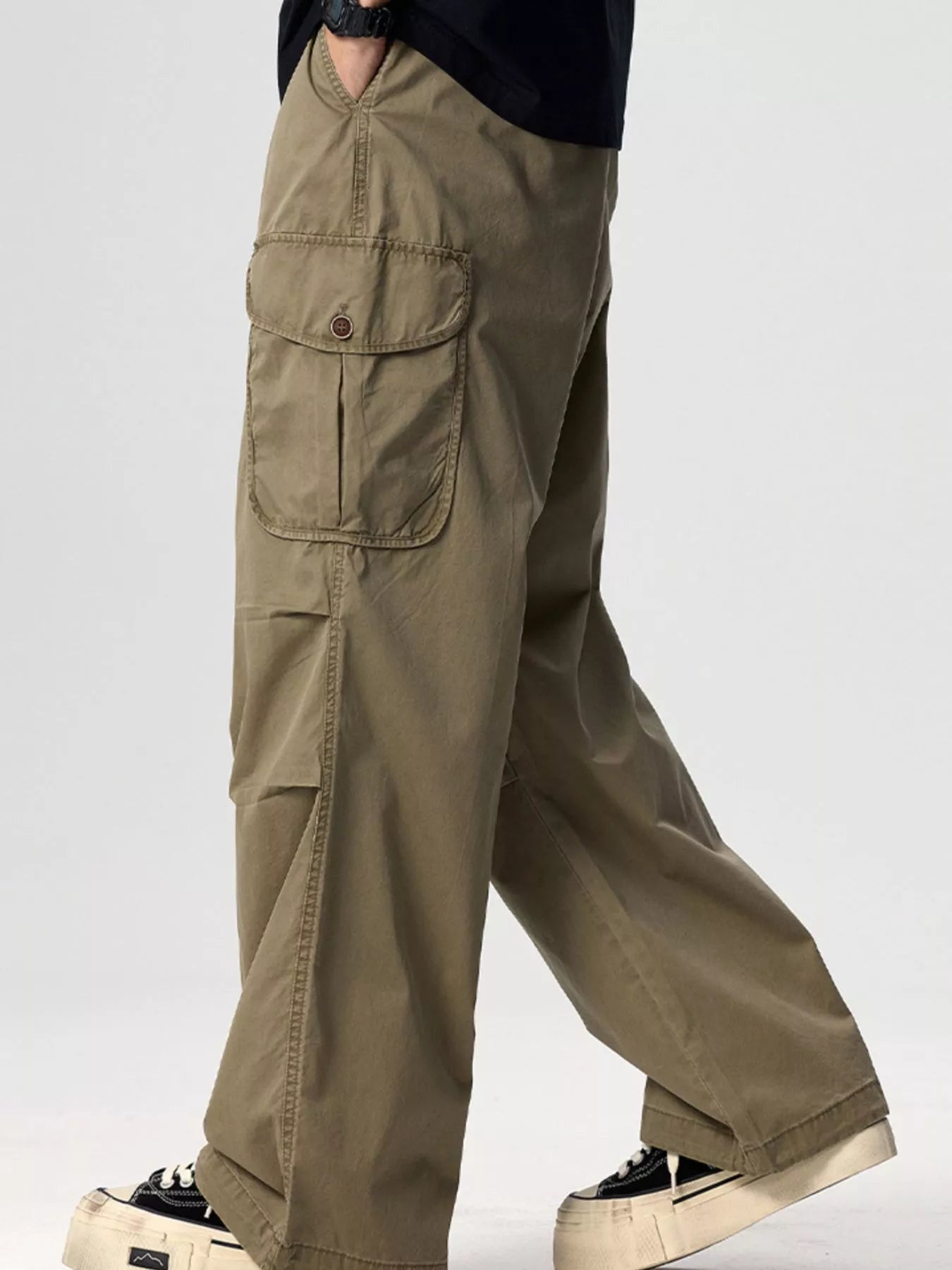 Plus Size Drawstring Wide Leg Cargo Pants in Black for Men