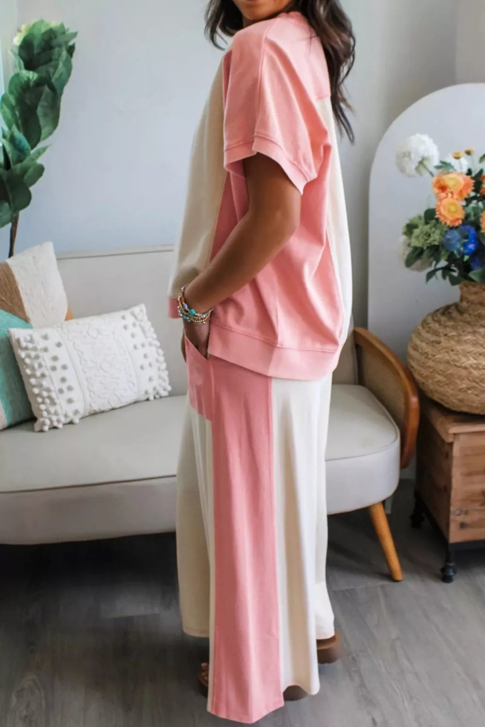 Two-Tone Color Block Patchwork Tee Drawstring Loose Pant Set in Pale Blush for Women