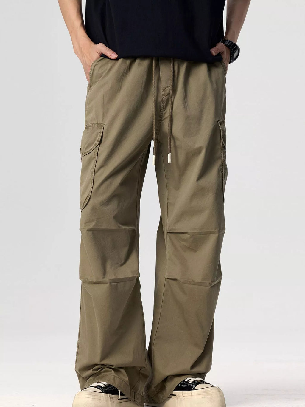 Plus Size Drawstring Wide Leg Cargo Pants in Black for Men