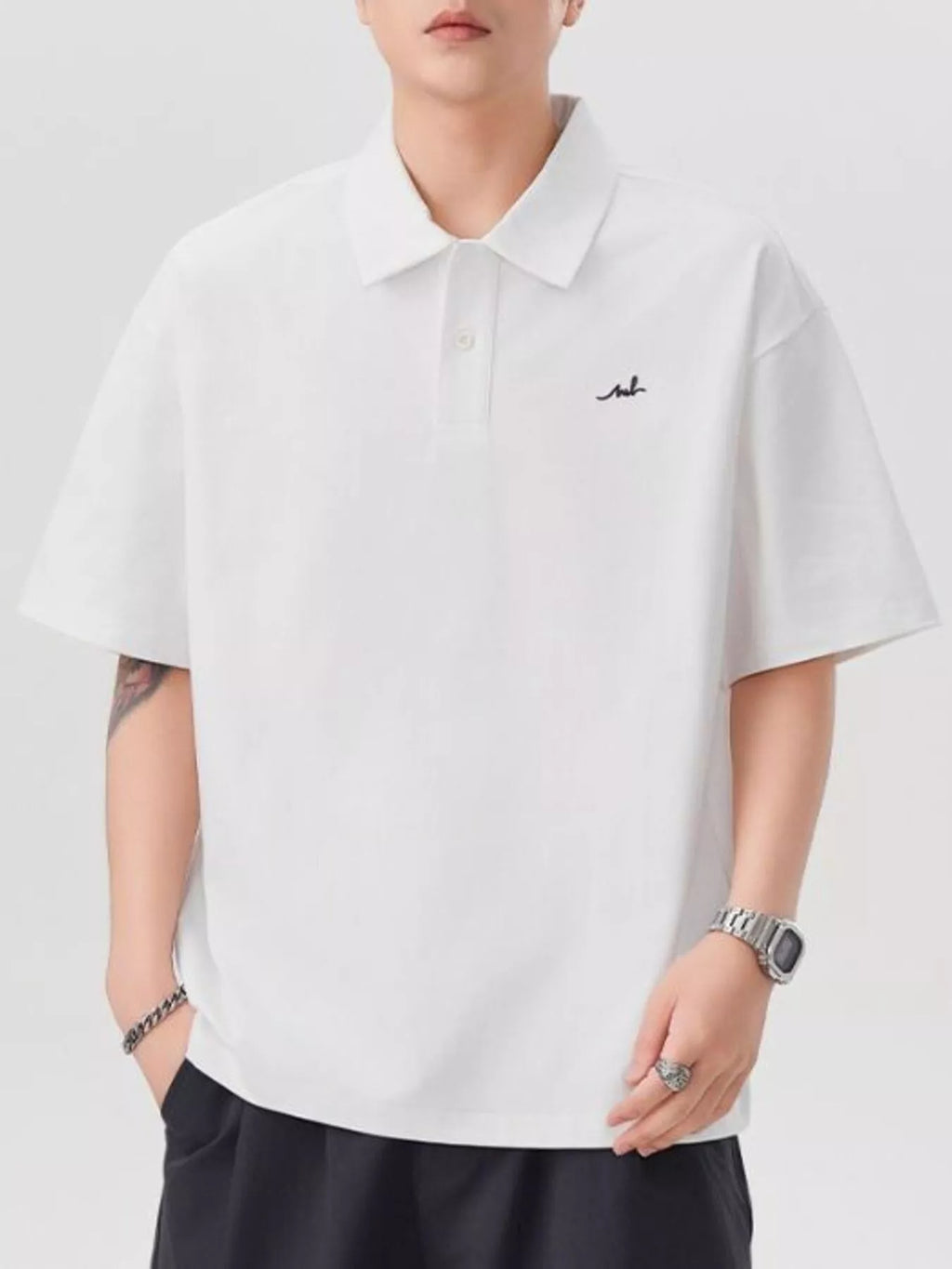 Plus Size Button Detail Short Sleeve Polo in Military Green for Men